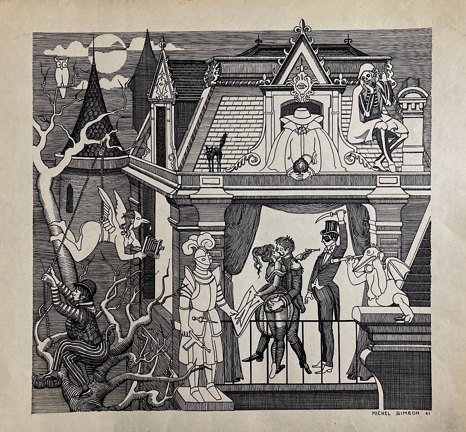 Siméon Michel Tinte signiert 1961 Surrealismus Charlie und die Schokoladenfabrik