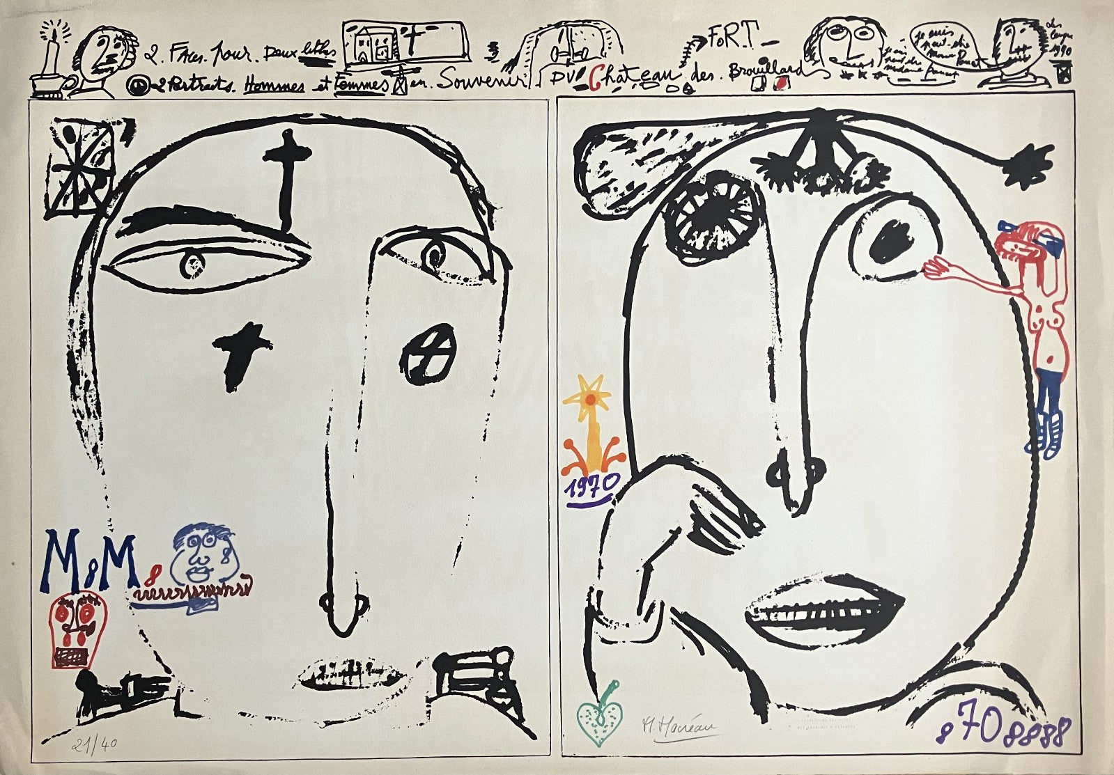 Michel Macréau Siebdruck signiert, handkoloriert, 3 Zeichnungen, Figuration libre, Art brut